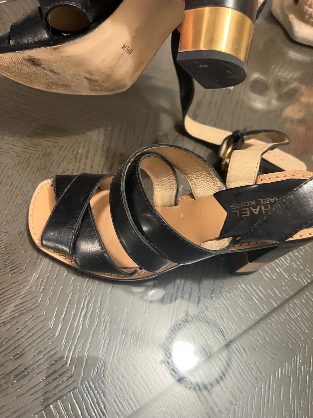 Michael Kors Black Leather Strappy Block Heels with Gold Accent